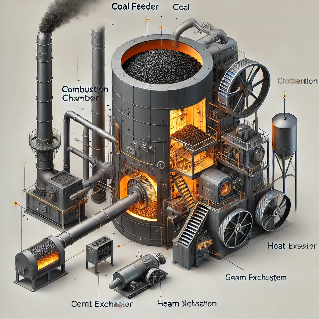 Dall·e 2025-03-26 15.36.05 - A Detailed 3d Illustration Of A Coal-fired Boiler System. The Image Should Include Key Components Such As The Coal Feeder, Combustion Chamber, Heat Ex