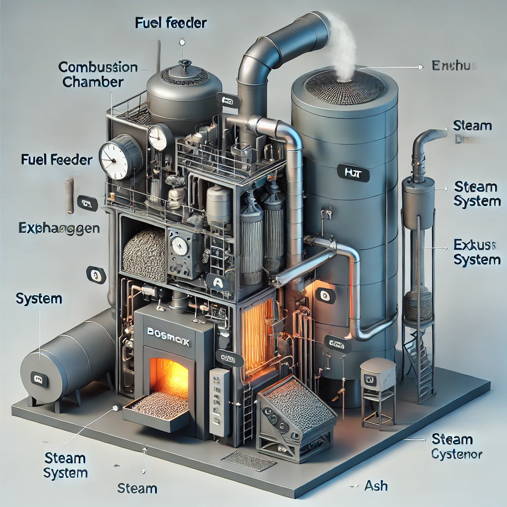 Dall·e 2025-03-26 15.36.16 - A Detailed 3d Illustration Of A Biomass Boiler System. The Image Should Show Key Components Such As The Fuel Feeder, Combustion Chamber, Heat Exchange