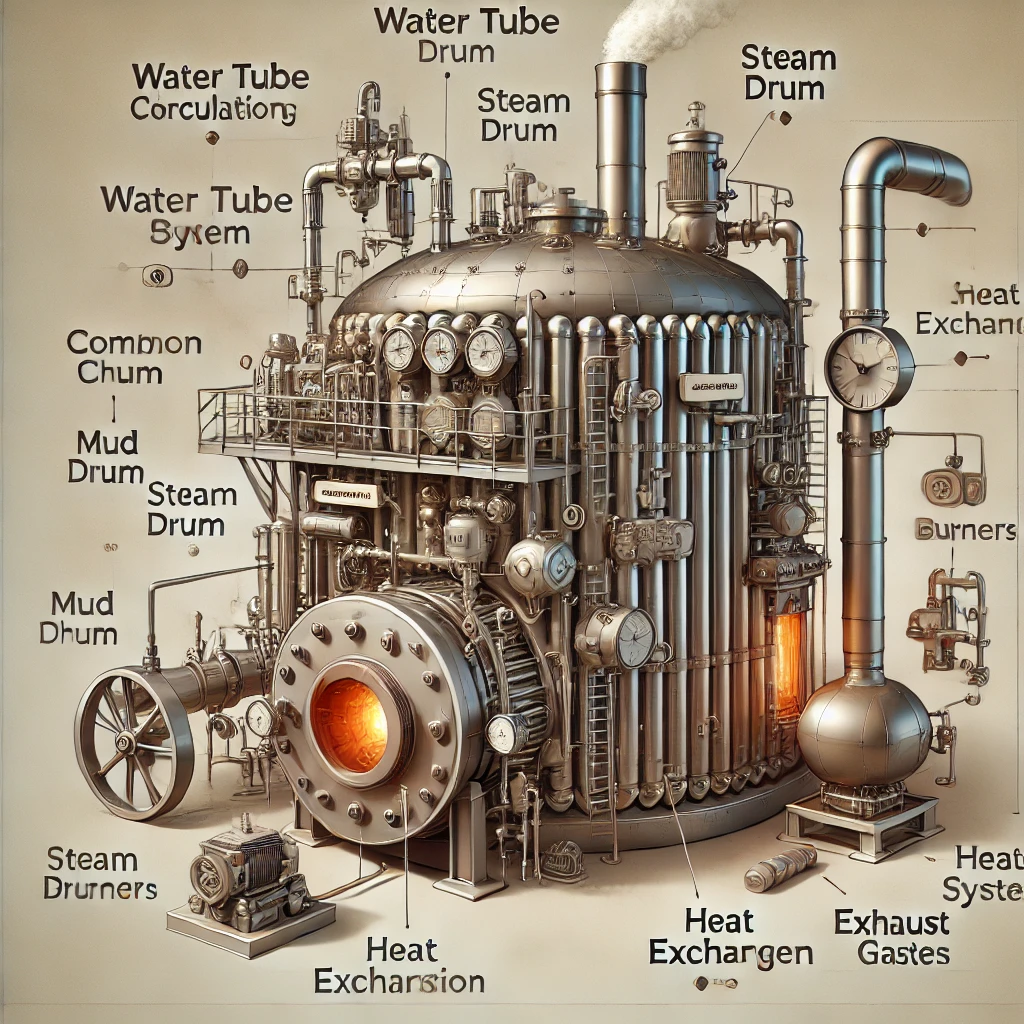 Dall·e 2025-03-26 15.36.30 - A Detailed 3d Illustration Of A Water Tube Boiler System. The Image Should Showcase Key Components Such As Water Tubes, Steam Drum, Mud Drum, Combusti