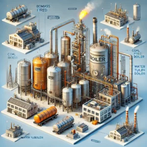 Dall·e 2025-03-26 15.36.36 - A Detailed 3d Illustration Introducing An Industrial Boiler System. The Image Should Feature Different Types Of Boilers, Such As A Biomass Boiler, Coa