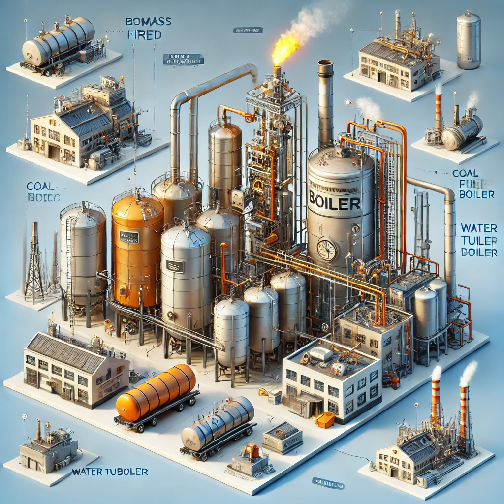 Dall·e 2025-03-26 15.36.36 - A Detailed 3d Illustration Introducing An Industrial Boiler System. The Image Should Feature Different Types Of Boilers, Such As A Biomass Boiler, Coa